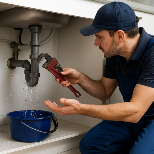 Plumber works on pipes under sink.