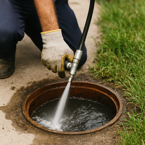 Plumber uses hydro-jetting system to clean pipes.