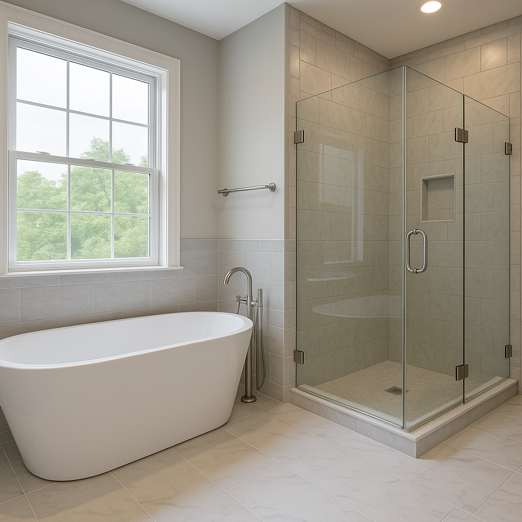 new shower and new bathtub in a bathroom